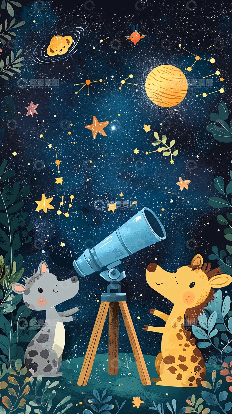 高清大图下载【趣麦麦图】卡通动物看星星