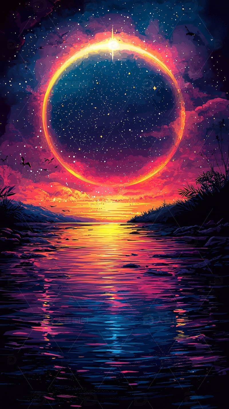 高清大图下载【趣麦麦图】星空圆环倒影湖面
