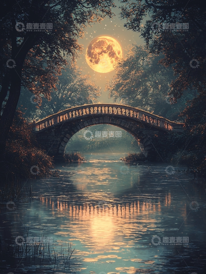 高清大图下载【趣麦麦图】宁静夜晚桥上的月亮