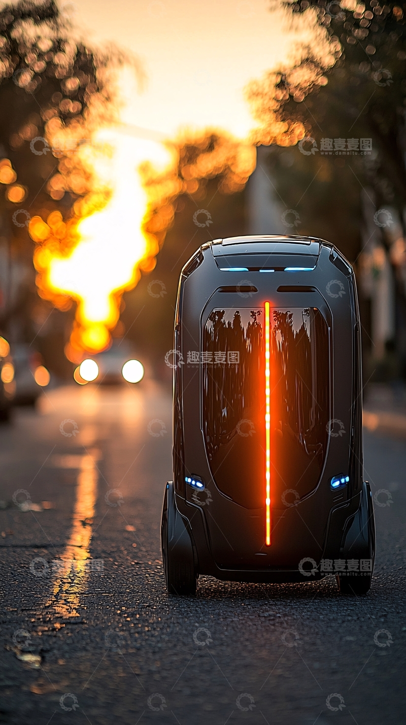 高清大图下载【趣麦麦图】夕阳下街道上的自动驾驶机器人