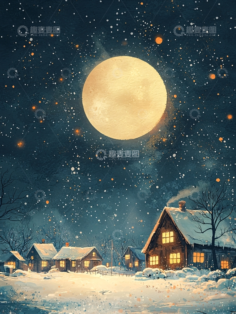 高清大图下载【趣麦麦图】冬夜雪景村庄