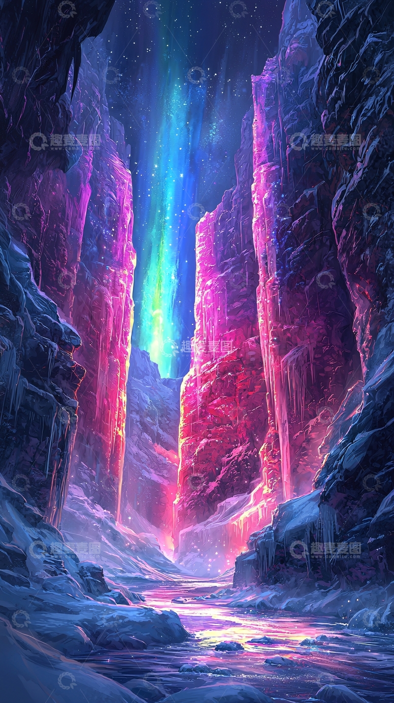 高清大图下载【趣麦麦图】冰雪峡谷中的极光