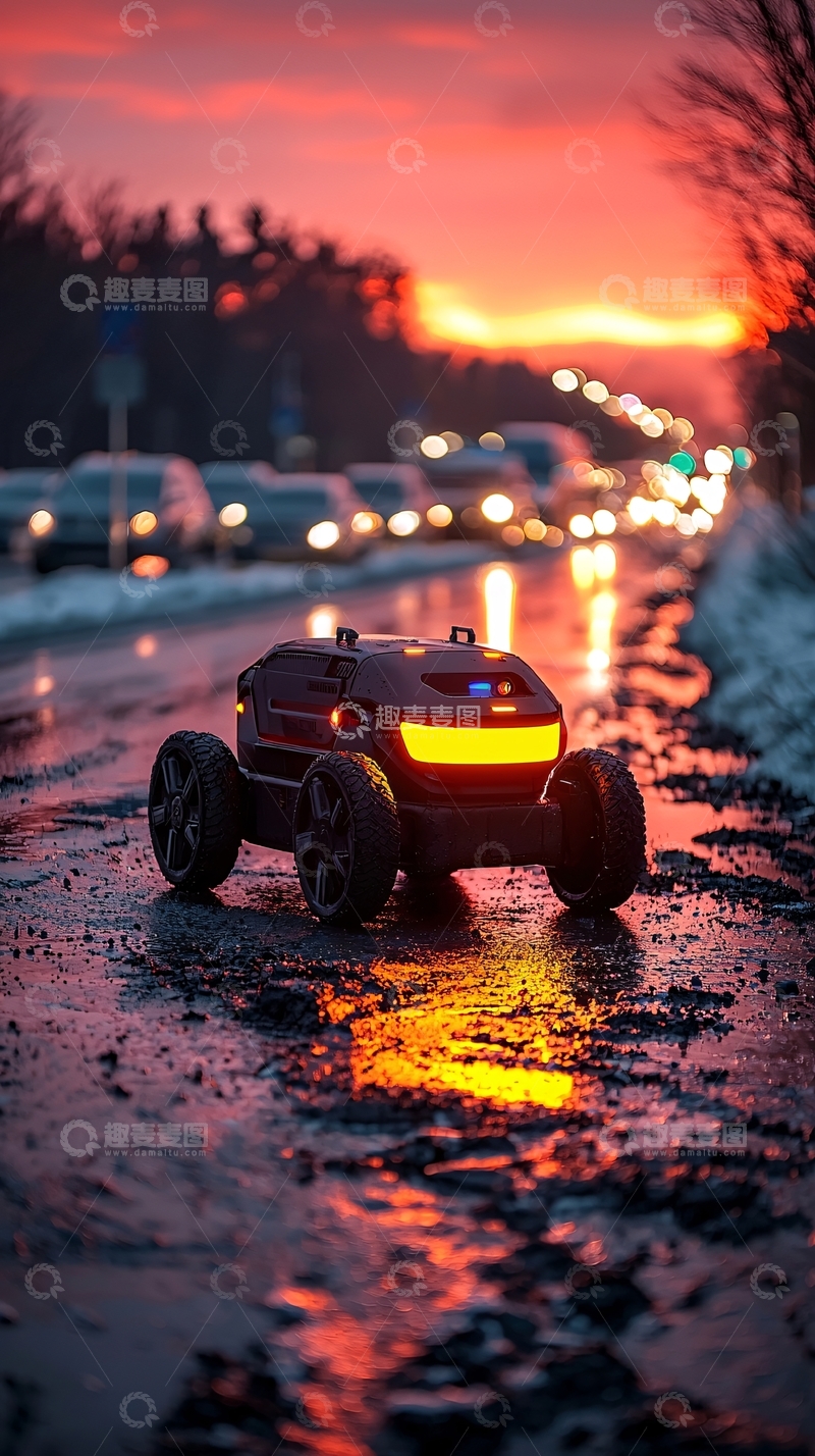 高清大图下载【趣麦麦图】夕阳下泥泞道路上的机器人