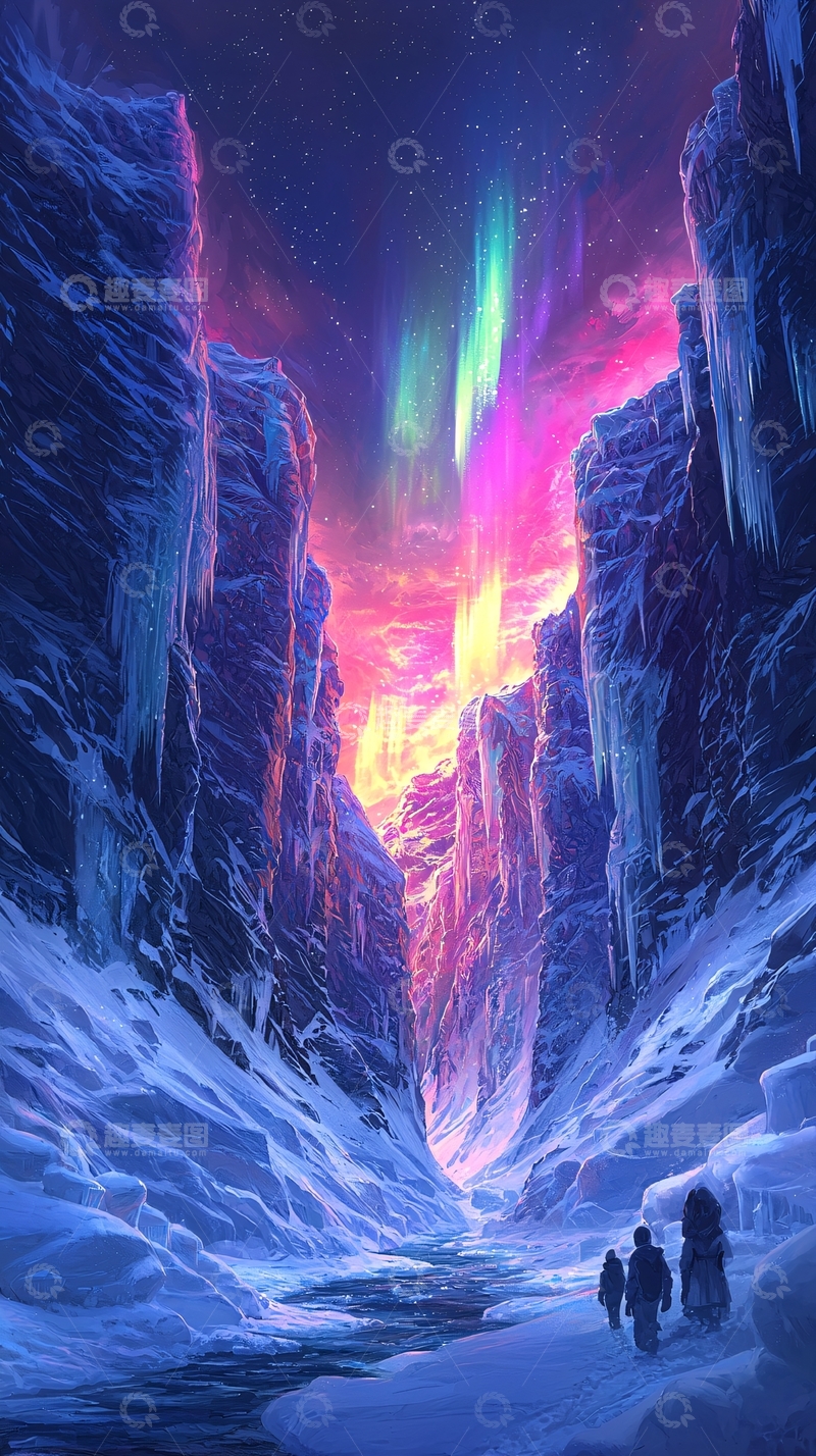 高清大图下载【趣麦麦图】冰雪峡谷中的极光夜景