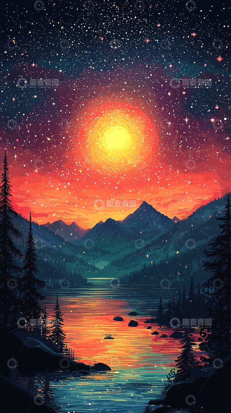 高清大图下载【趣麦麦图】星空下的山川湖泊