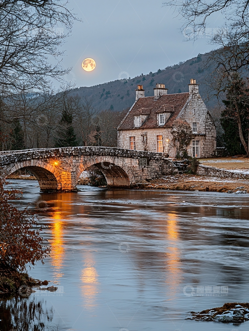 高清大图下载【趣麦麦图】月光下的石桥小屋