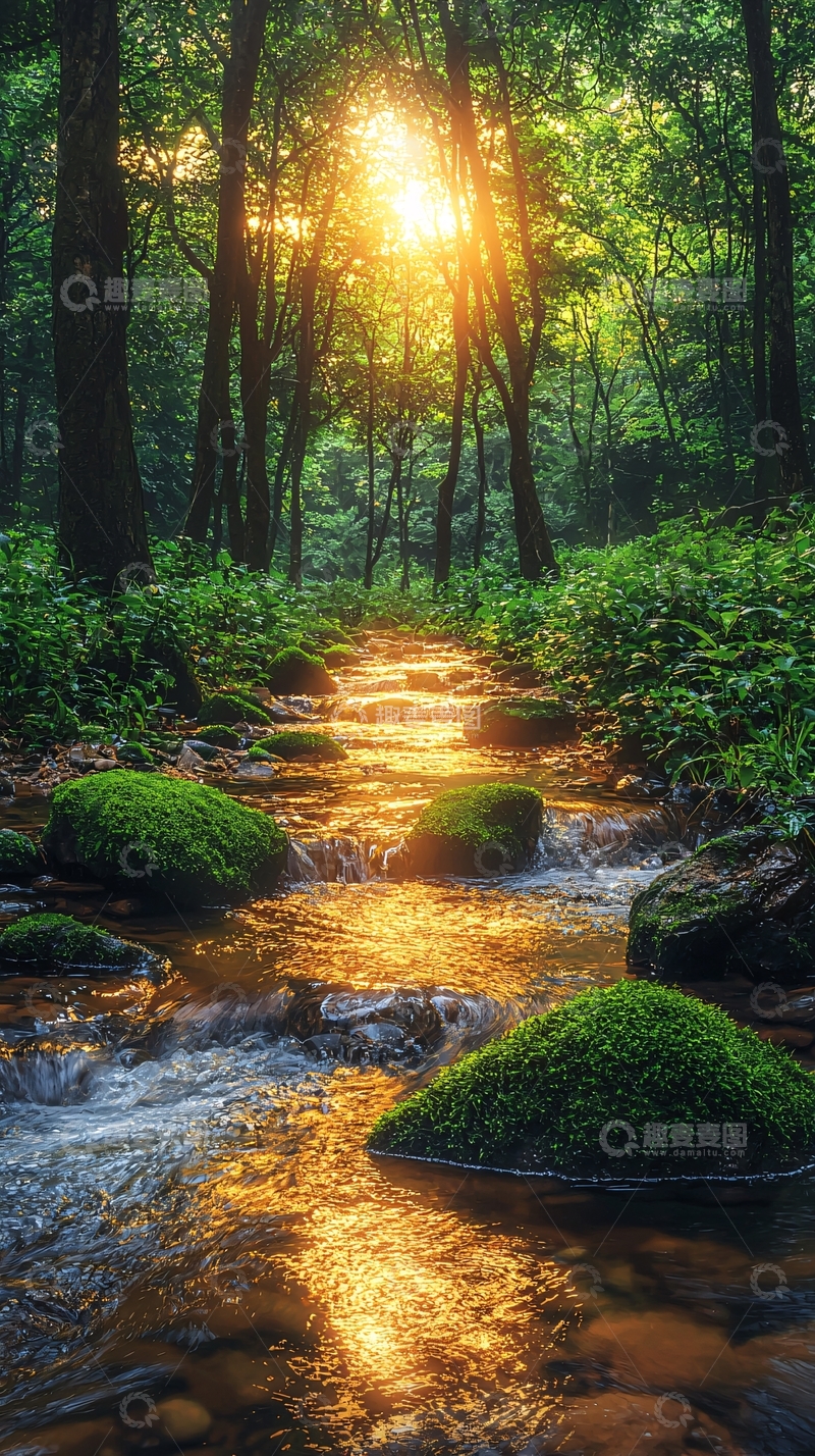 高清大图下载【趣麦麦图】森林小溪阳光透过树叶