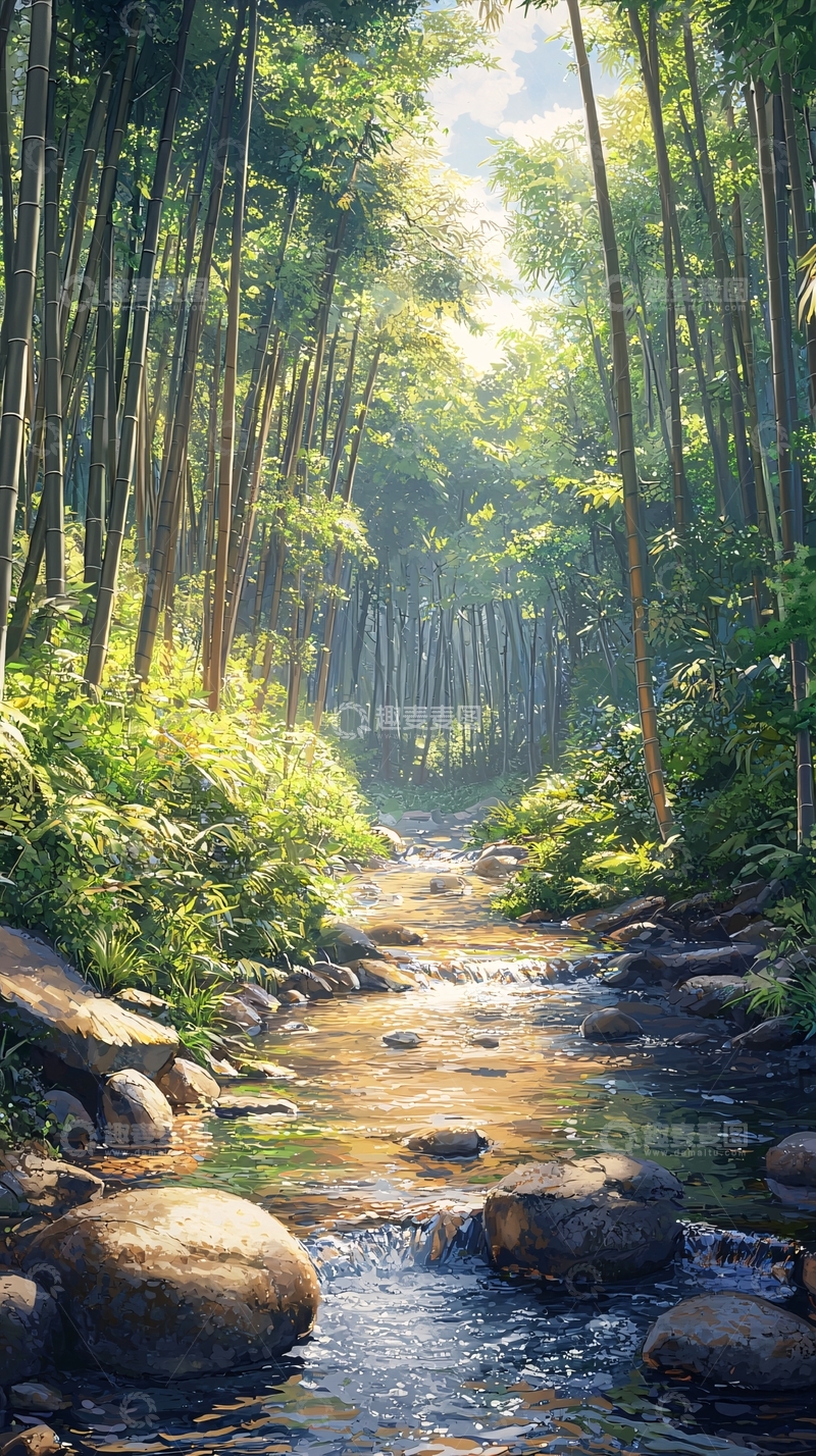 高清大图下载【趣麦麦图】竹林小溪流光溢彩