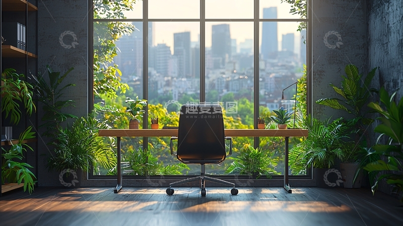 高清大图下载【趣麦麦图】落地窗办公室绿植盆栽