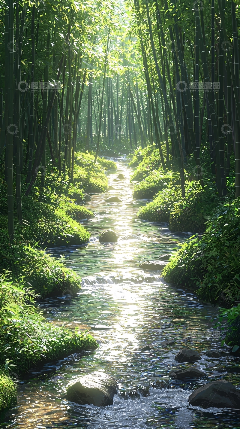 高清大图下载【趣麦麦图】竹林小溪阳光明媚
