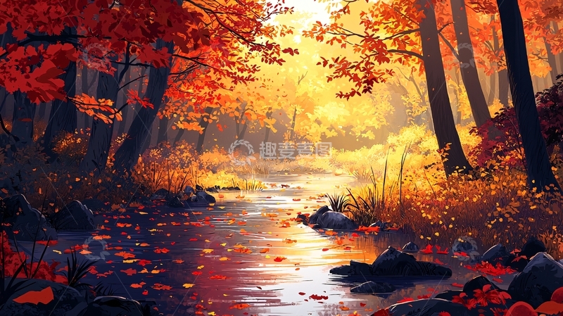 高清大图下载【趣麦麦图】秋日森林溪流落叶