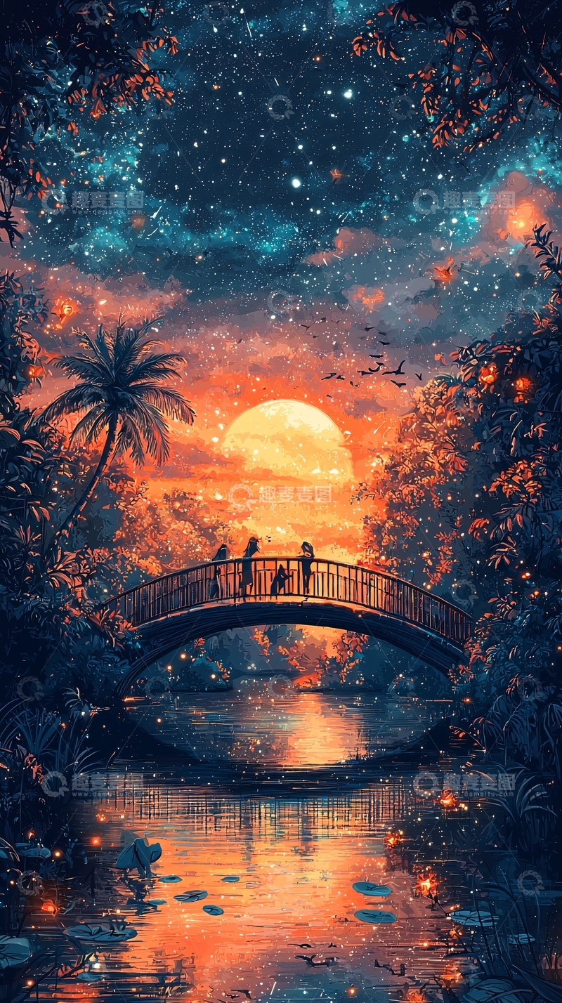 高清大图下载【趣麦麦图】桥上人物剪影下的热带星空