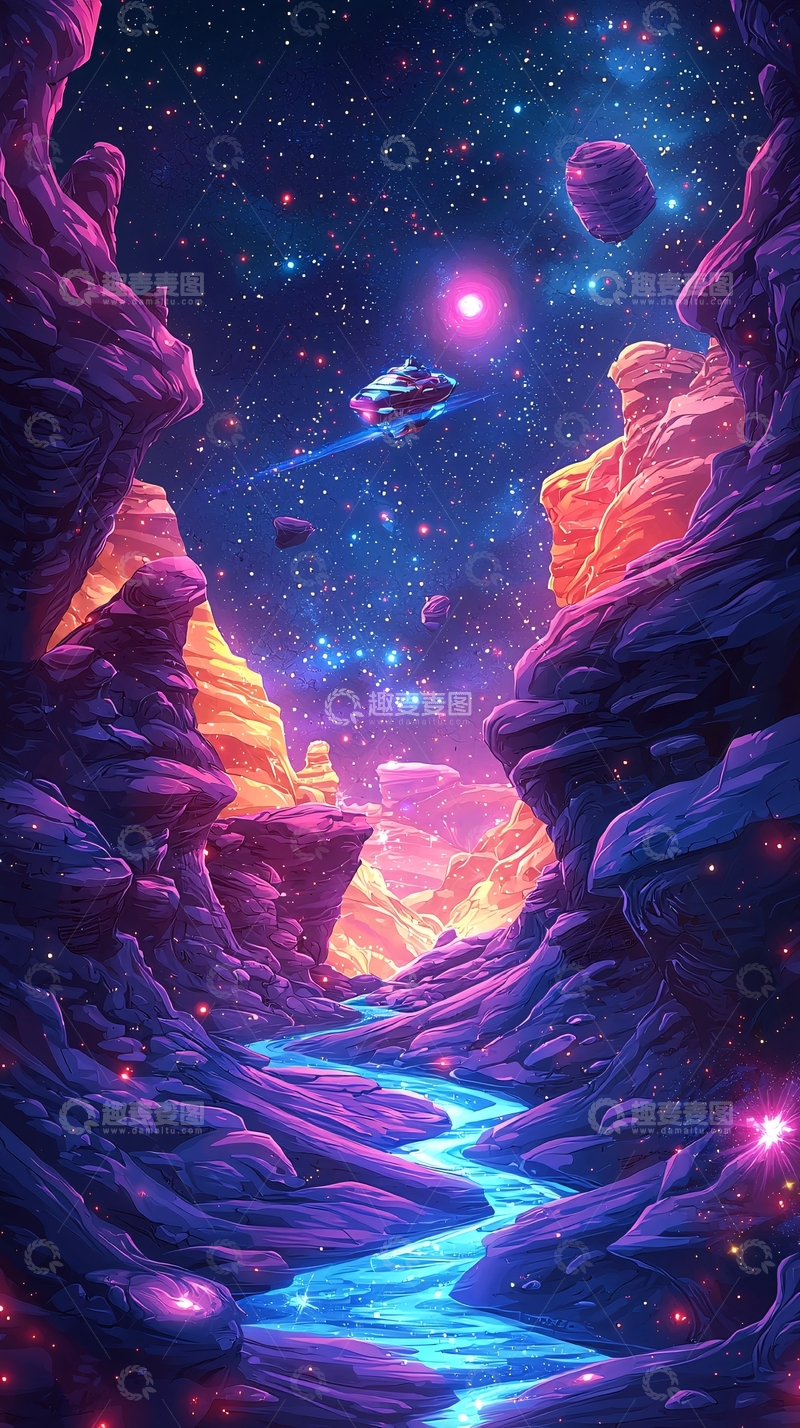 高清大图下载【趣麦麦图】星空山谷飞船的梦幻场景