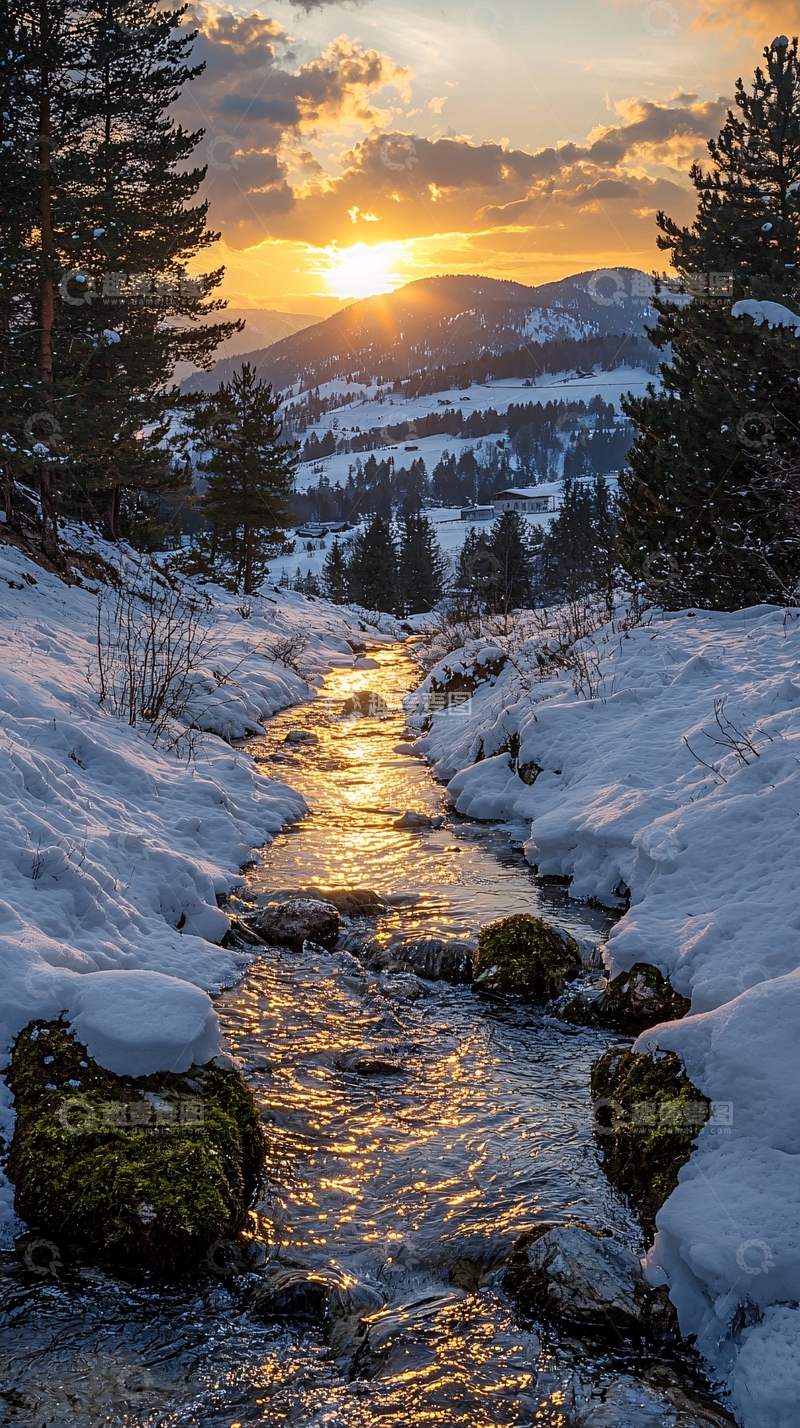高清大图下载【趣麦麦图】雪山日落小溪