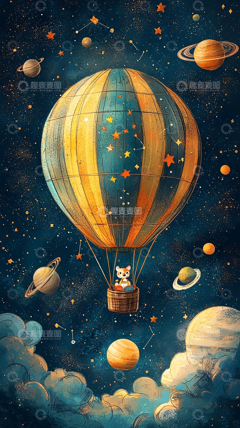 高清大图下载【趣麦麦图】太空热气球猫咪