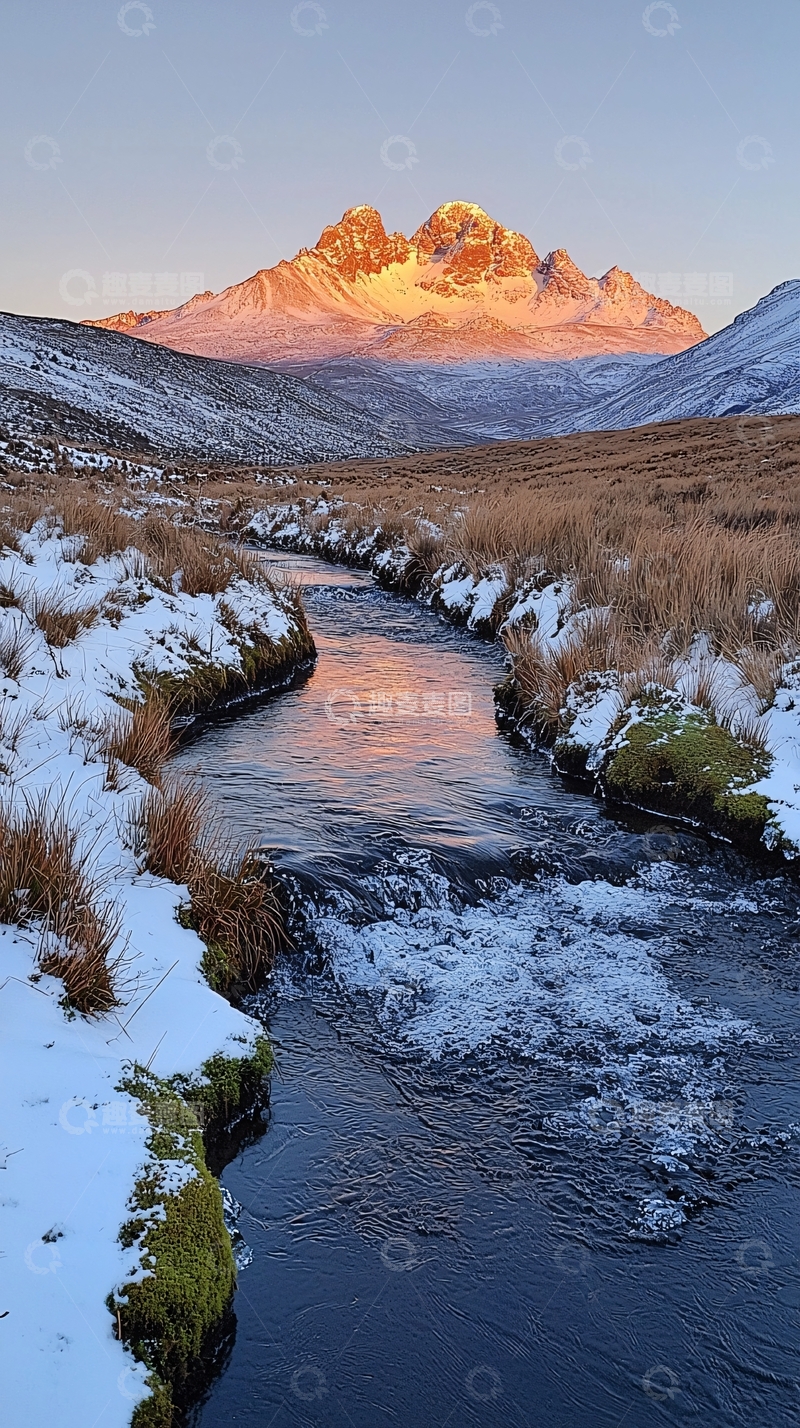 高清大图下载【趣麦麦图】雪山溪流日出景观