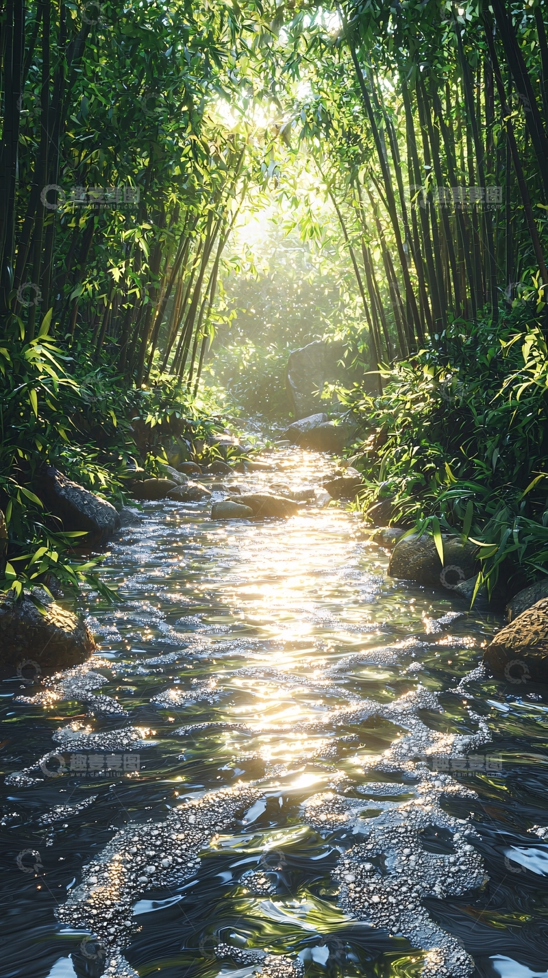 高清大图下载【趣麦麦图】竹林小溪阳光