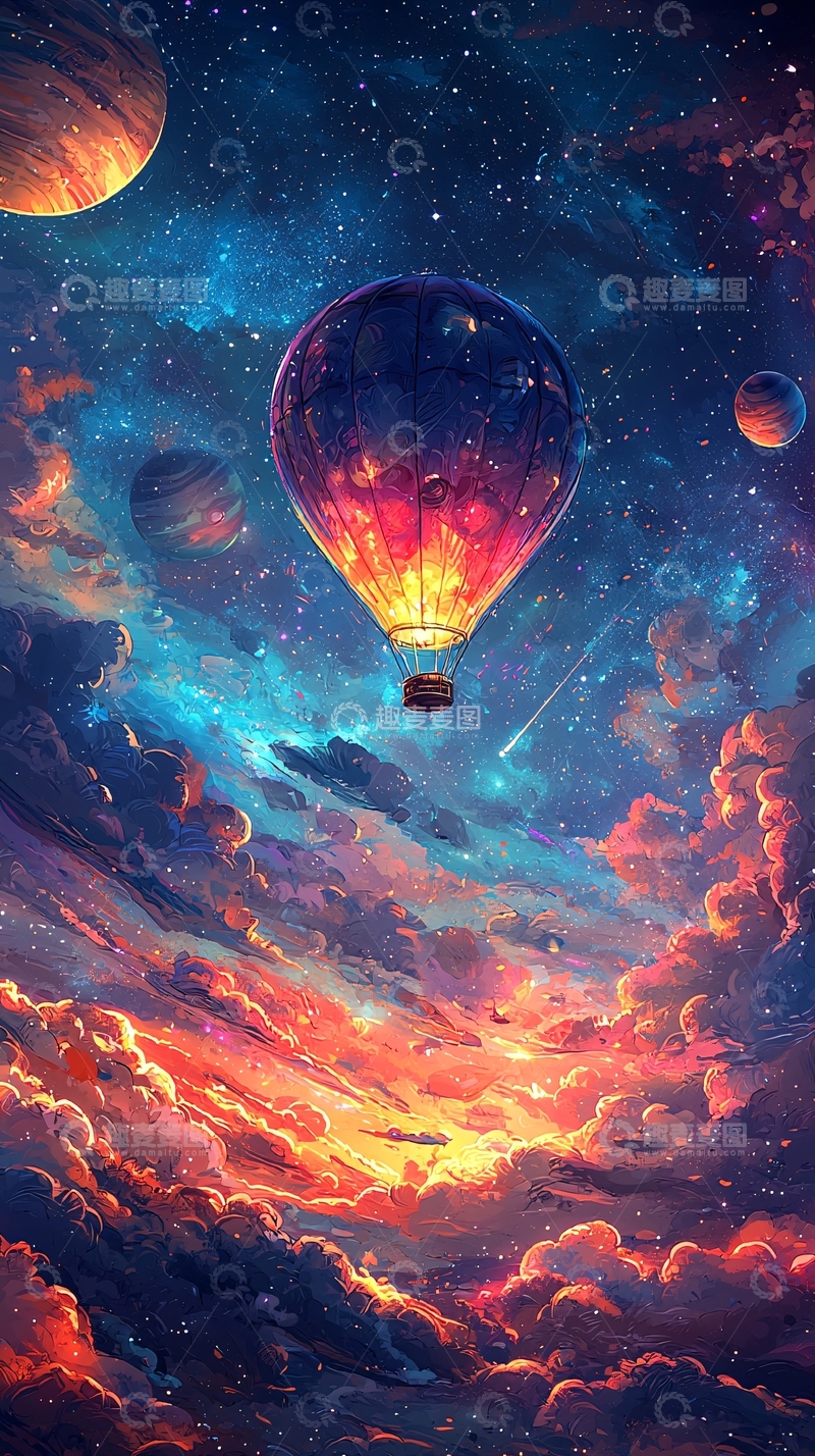 高清大图下载【趣麦麦图】星空热气球云彩奇幻场景