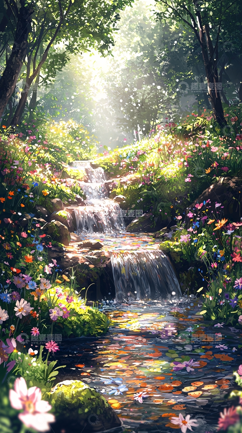 高清大图下载【趣麦麦图】森林小溪瀑布鲜花