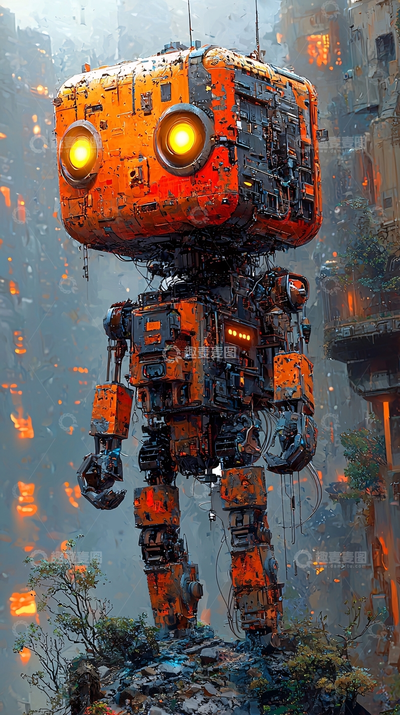 高清大图下载【趣麦麦图】橙色方块机器人
