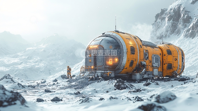 高清大图下载【趣麦麦图】雪山中的橙色太空舱