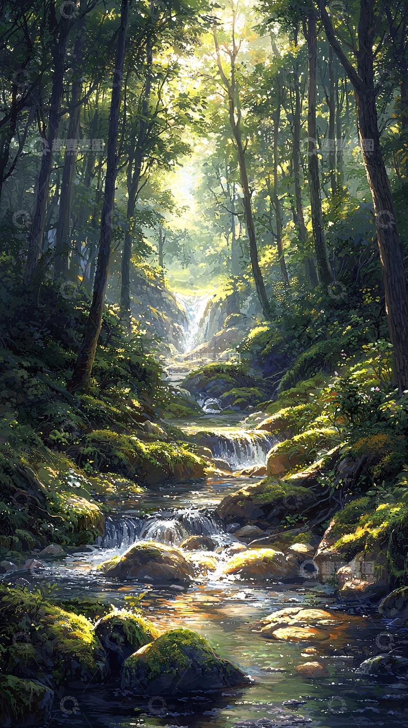 高清大图下载【趣麦麦图】阳光穿透森林小溪