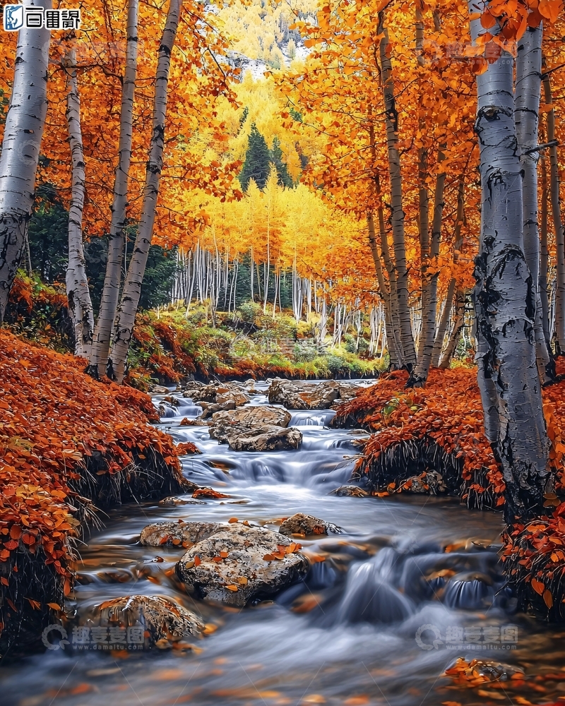高清大图下载【趣麦麦图】秋日金色森林小溪