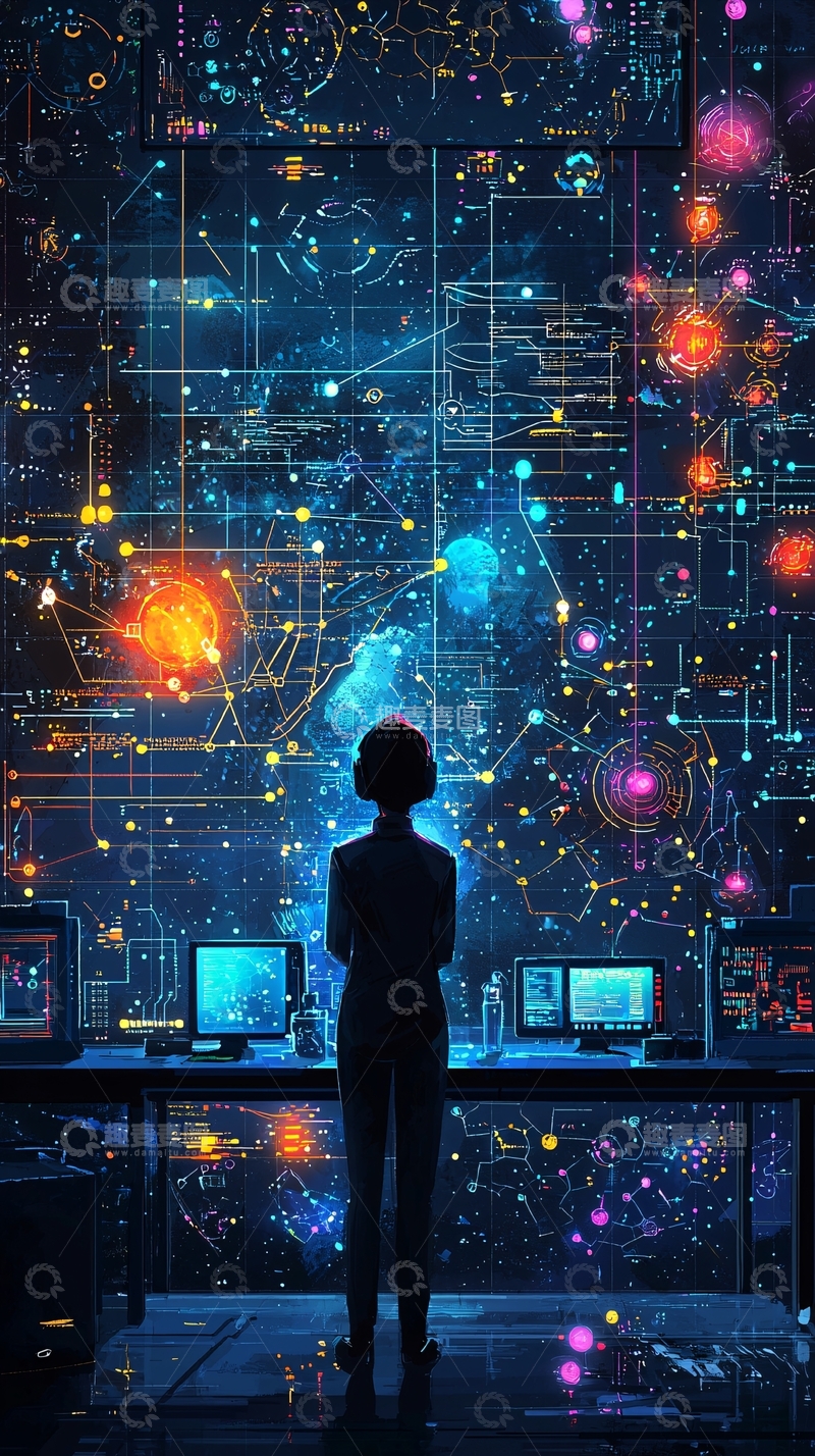 高清大图下载【趣麦麦图】科技感女性站在数据屏幕前