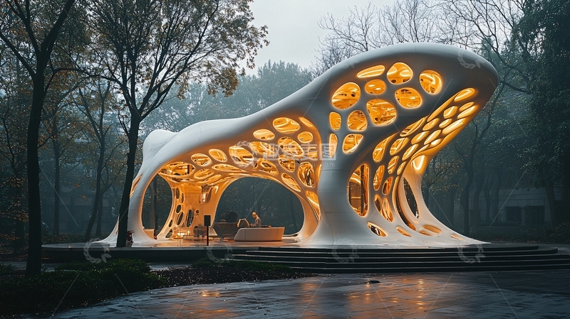 高清大图下载【趣麦麦图】雾中发光雕塑建筑