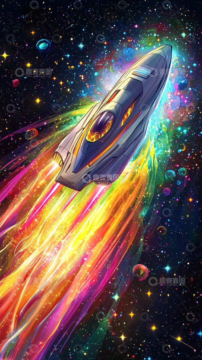 高清大图下载【趣麦麦图】宇宙飞船彩虹尾焰