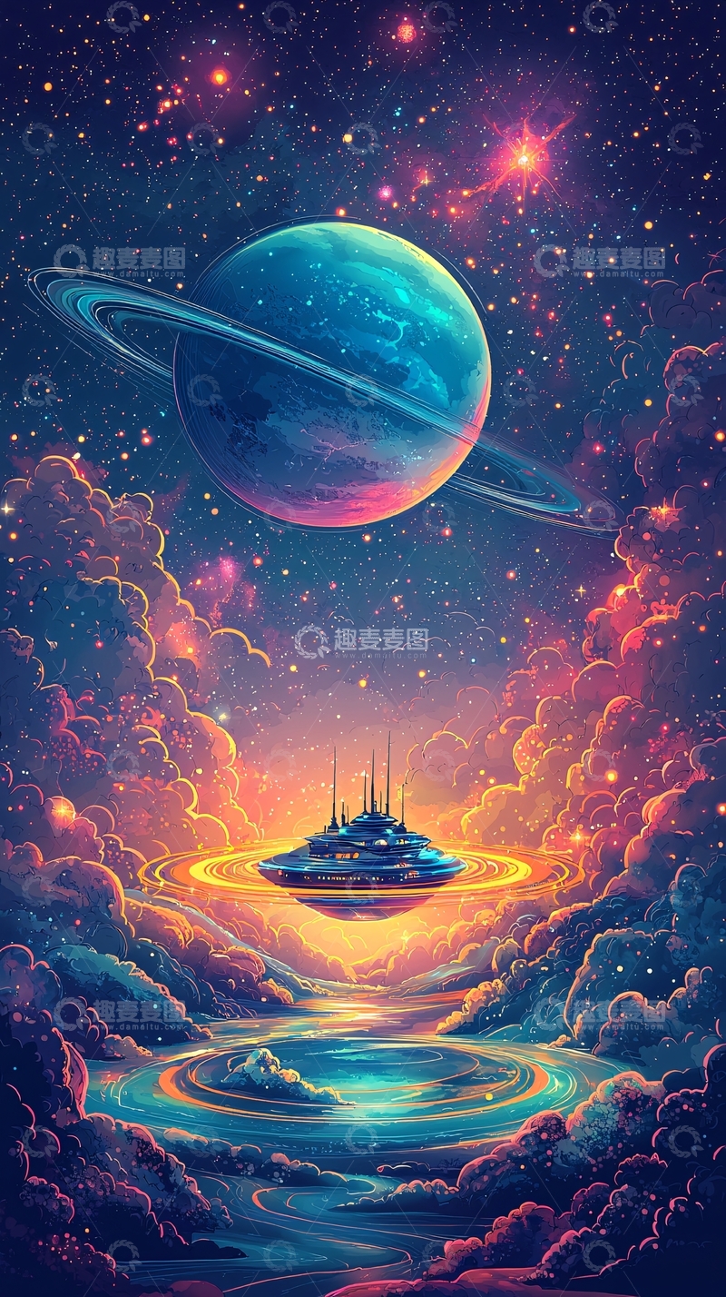 高清大图下载【趣麦麦图】宇宙飞船环绕星球