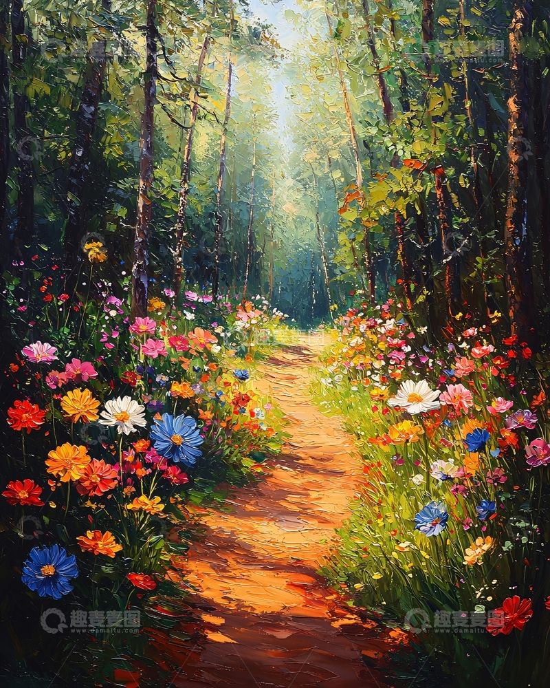 高清大图下载【趣麦麦图】森林小路鲜花盛开