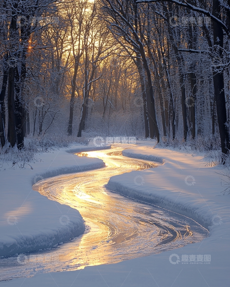 高清大图下载【趣麦麦图】雪地金色小溪森林