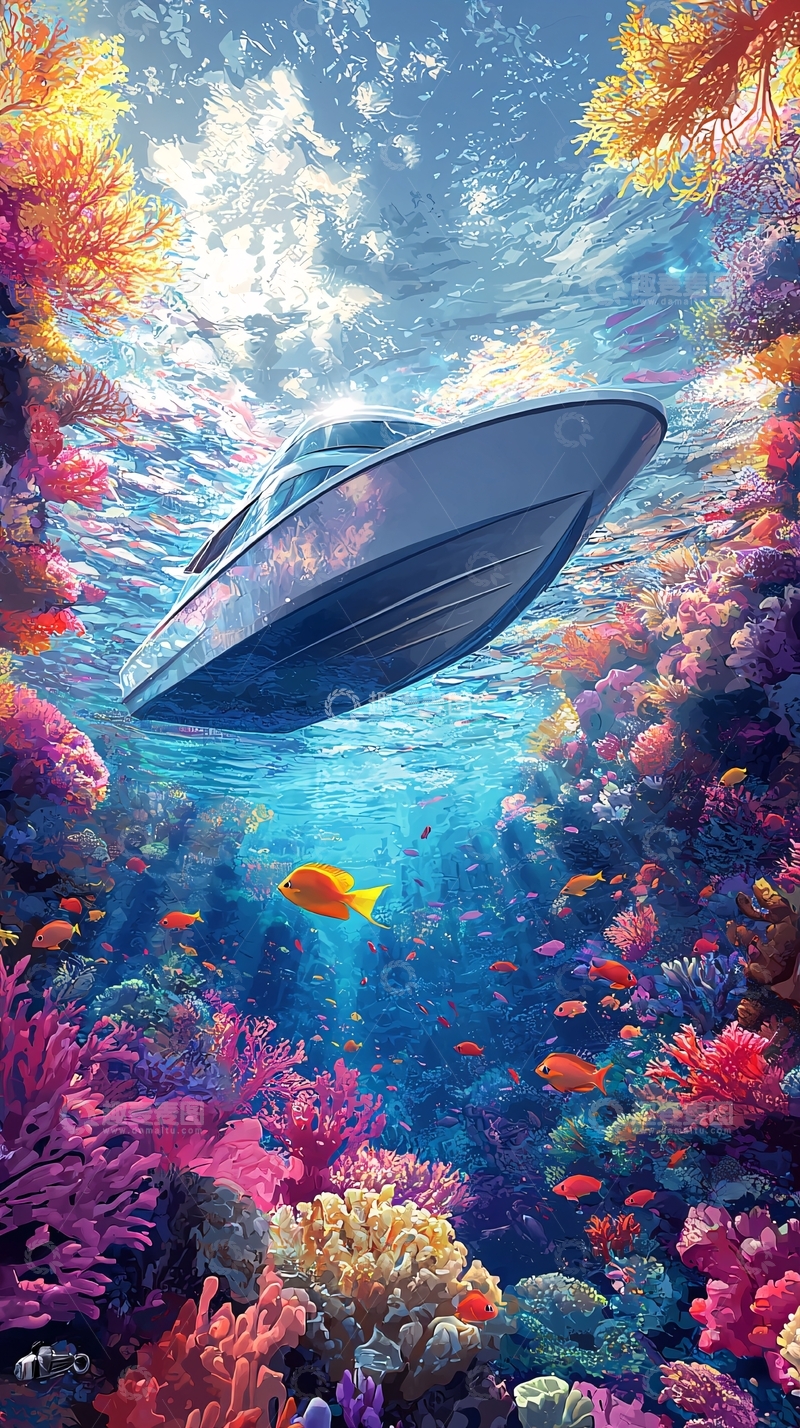高清大图下载【趣麦麦图】水下珊瑚礁的游艇