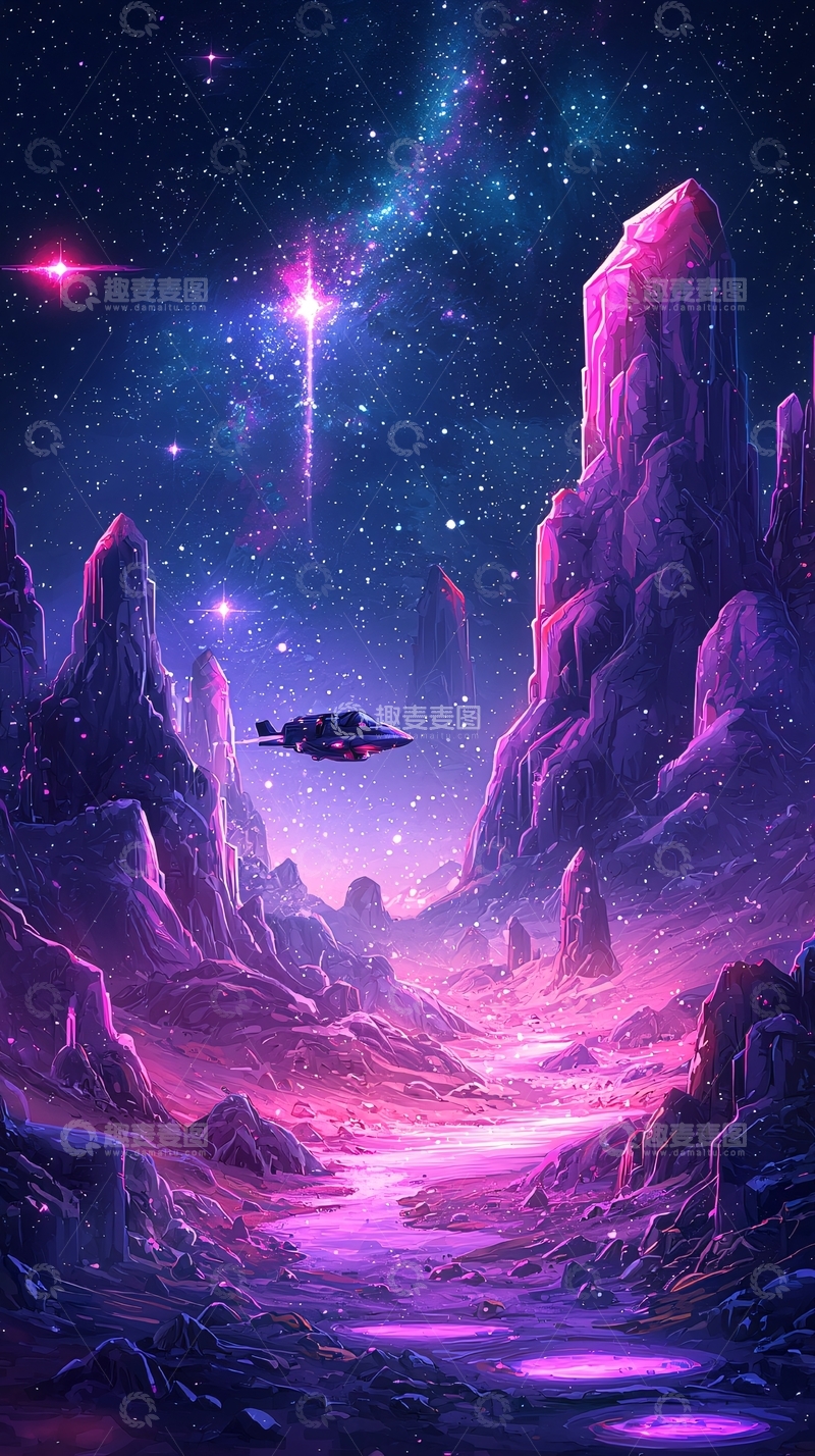 高清大图下载【趣麦麦图】紫色星空下的奇幻山谷