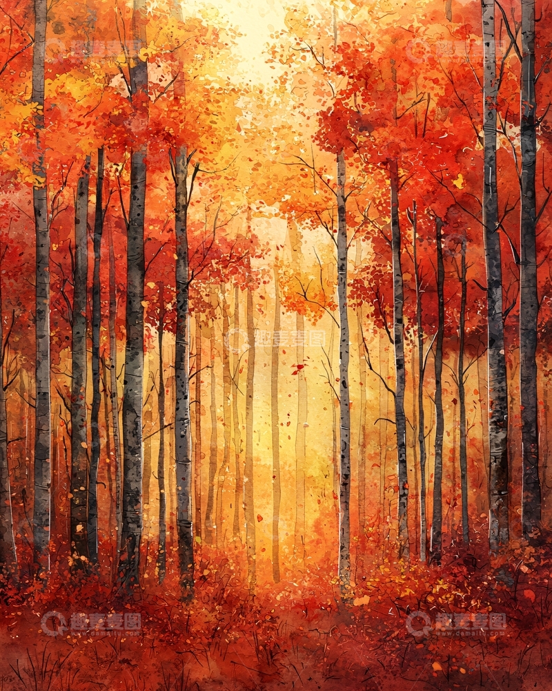 高清大图下载【趣麦麦图】秋日温暖森林水彩画