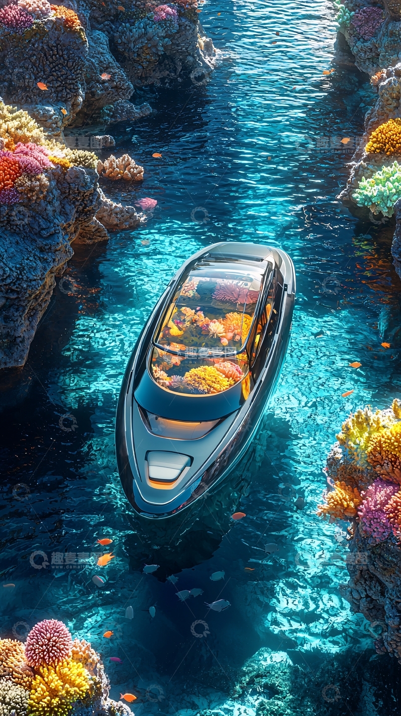 高清大图下载【趣麦麦图】珊瑚礁游艇