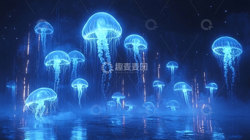 高清大图下载【趣麦麦图】蓝光水母群梦幻深海场景