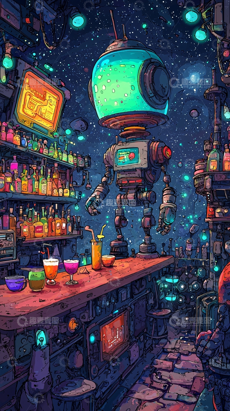 高清大图下载【趣麦麦图】太空酒吧机器人