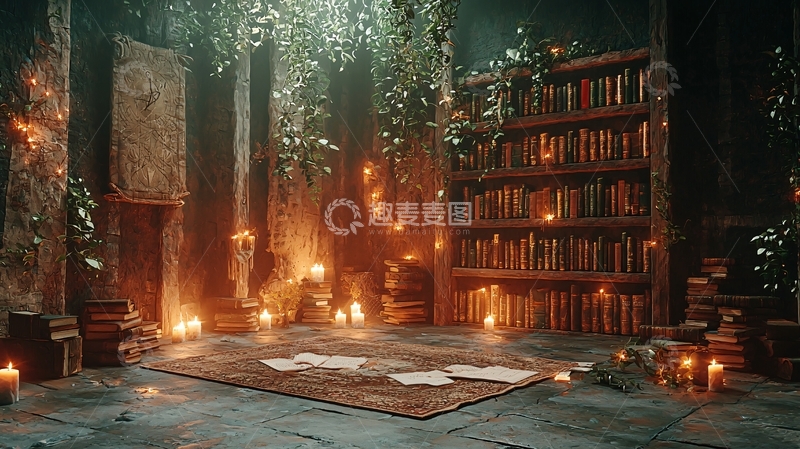 高清大图下载【趣麦麦图】神秘的藏书室烛光