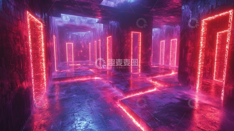 高清大图下载【趣麦麦图】霓虹灯红紫走廊