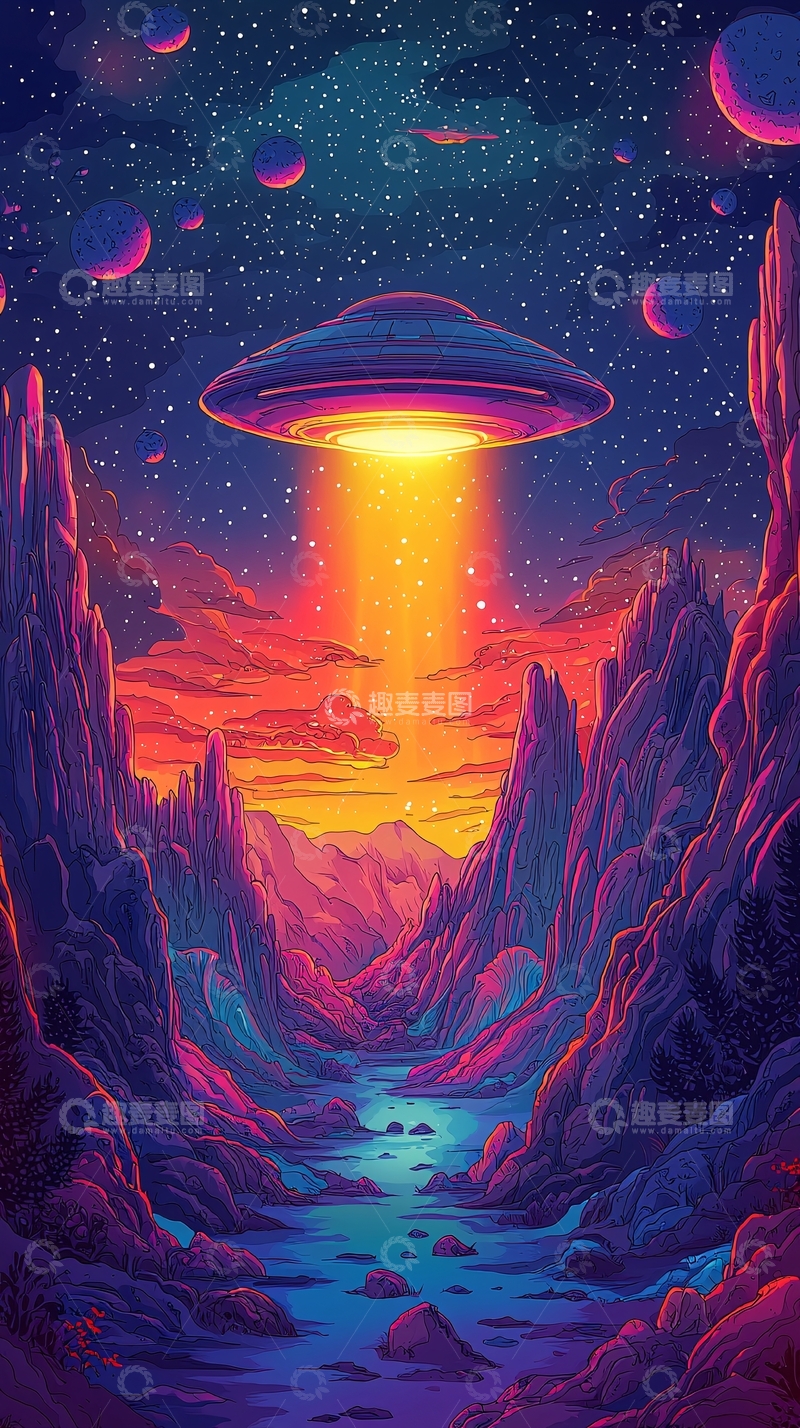 高清大图下载【趣麦麦图】飞碟降落奇幻星球