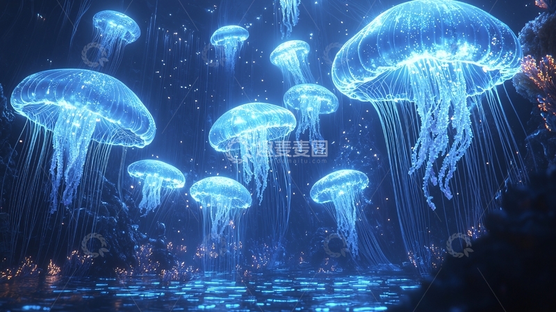 高清大图下载【趣麦麦图】深海发光水母群
