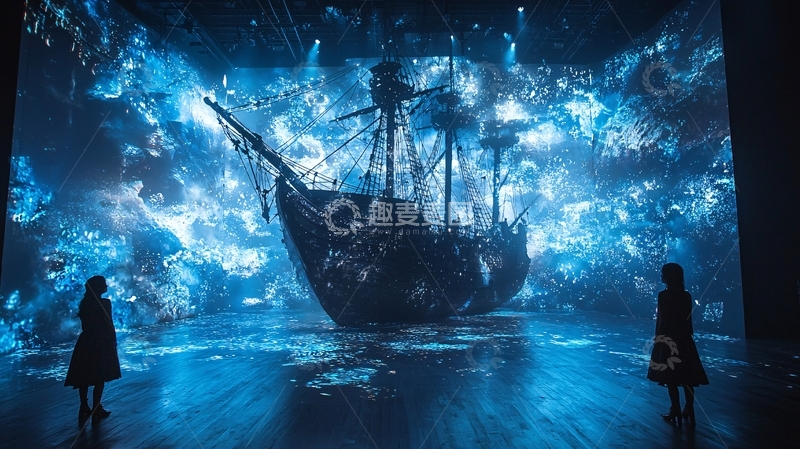 高清大图下载【趣麦麦图】幽蓝梦幻古船沉浸式投影