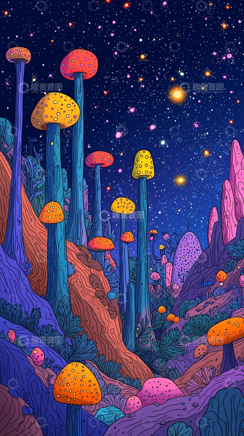 高清大图下载【趣麦麦图】梦幻星空下的蘑菇世界