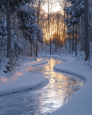 冬日雪景森林河流