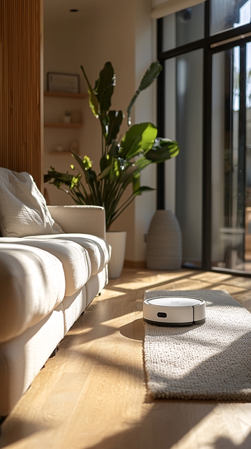 阳光洒进客厅的扫地机器人