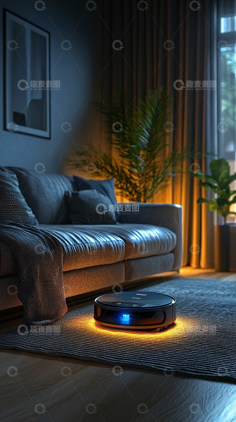 高清大图下载【趣麦麦图】夜晚客厅智能扫地机器人