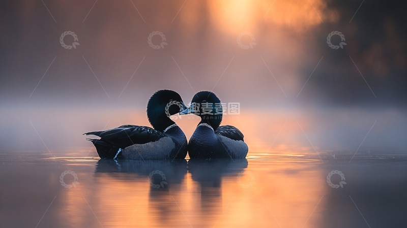 高清大图下载【趣麦麦图】日出时分鸳鸯水中相拥