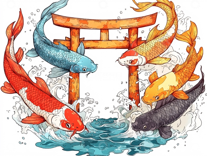 高清大图下载【趣麦麦图】四条锦鲤环绕鸟居